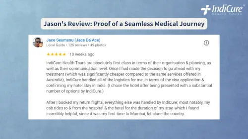 5-star Google review for septo-rhinoplasty in India by an Australian patient. The graphic includes a photo of the patient and a quote praising IndiCure's first-class planning and communication.